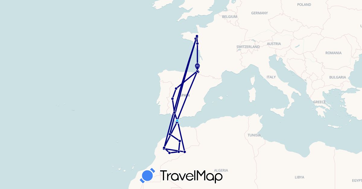TravelMap itinerary: driving, boat in Spain, France, Morocco (Africa, Europe)